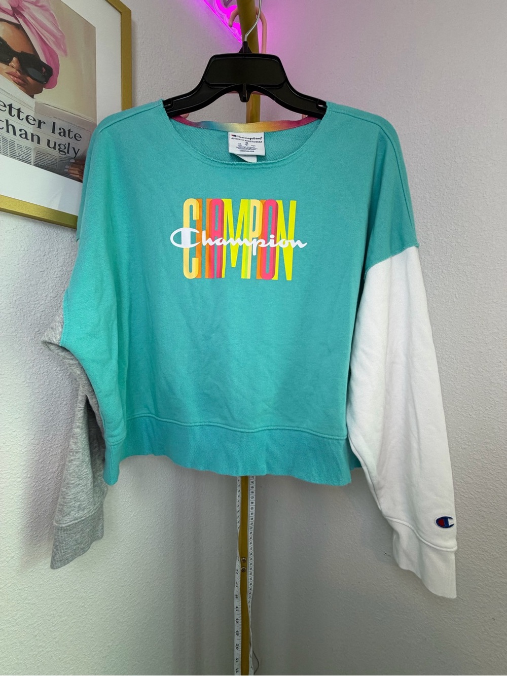 Champion Colorblock Cropped Crewneck Sweatshirt - Teal with White & Gray Sleeves